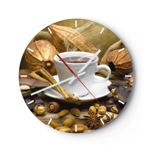 Horloge murale - Pendule murale - Une tasse de chocolat chaud aux épices et aux fèves de cacao - 30x30cm - Pour les amateurs de sensations fortes - Décoration murale moderne pour le salon, la cuisine et la chambre ARTTOR