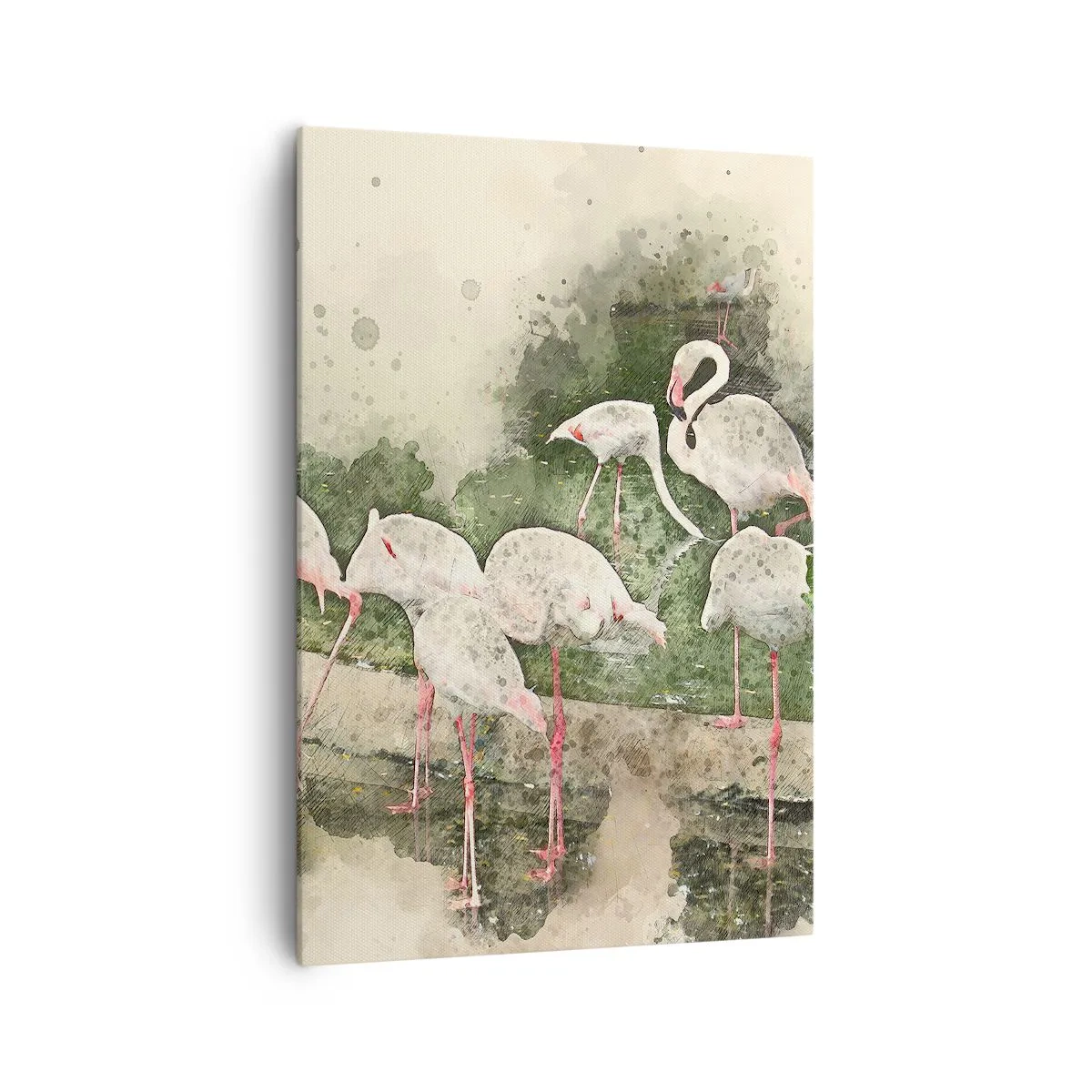 Impression sur toile - Image sur toile - Flamants roses dans leur environnement naturel dans un style aquarelle - 70x100cm - Rêve exotique - Décoration murale moderne pour le salon et la chambre ARTTOR