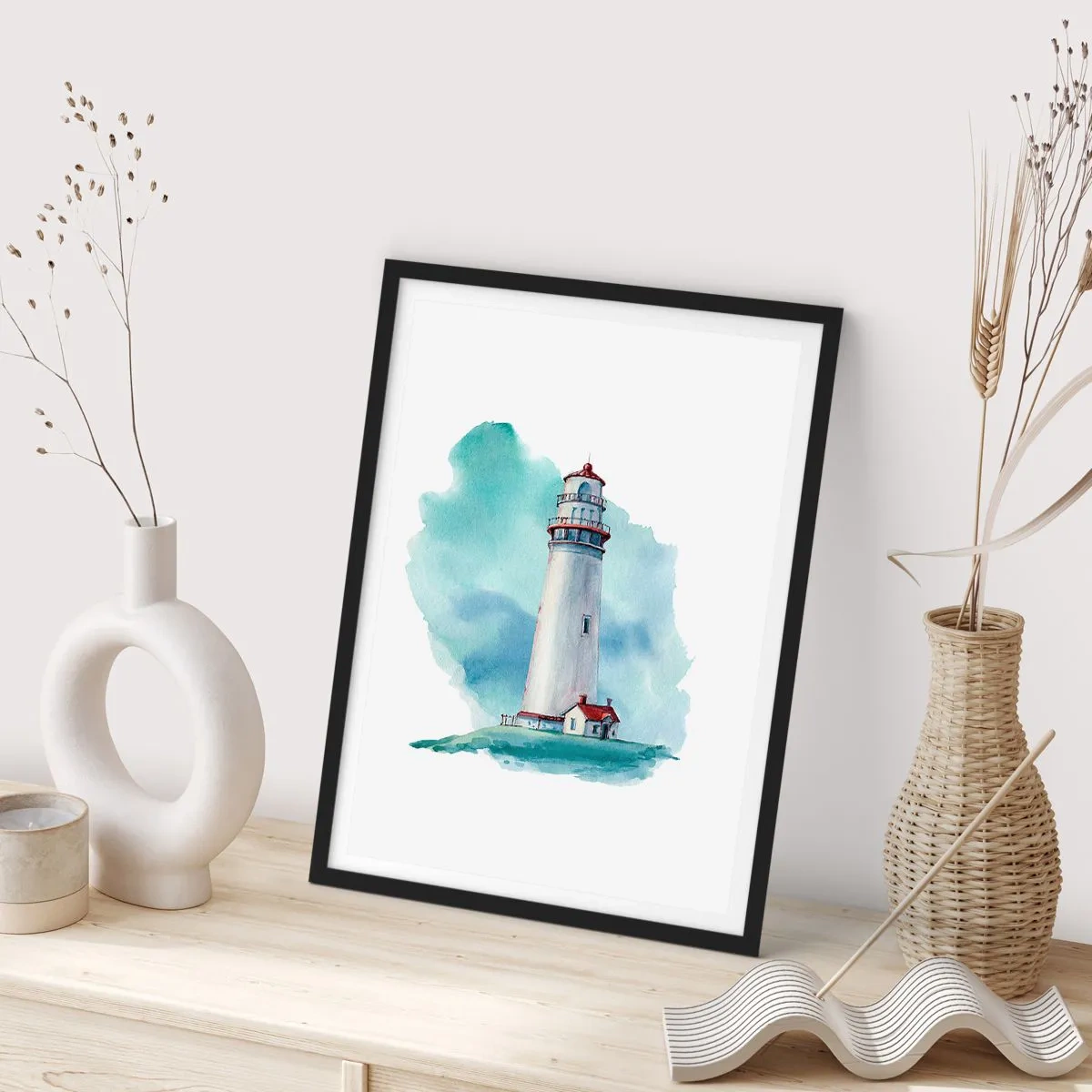 Affiche dans un cadre noir - Poster - Une illustration picturale d'un phare entouré d'un ciel bleu. - 50x70cm - La douce sœur du bleu - Décoration murale moderne pour le salon et la chambre ARTTOR