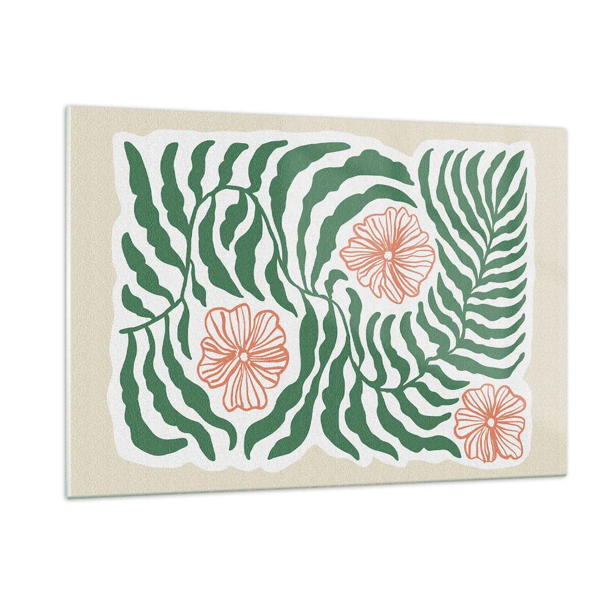 Impression sur verre - Image sur verre - Feuilles vertes et fleurs rouges dans un arrangement graphique - 120x80cm - Fleurit en vert - Décoration murale moderne pour le salon et la chambre ARTTOR