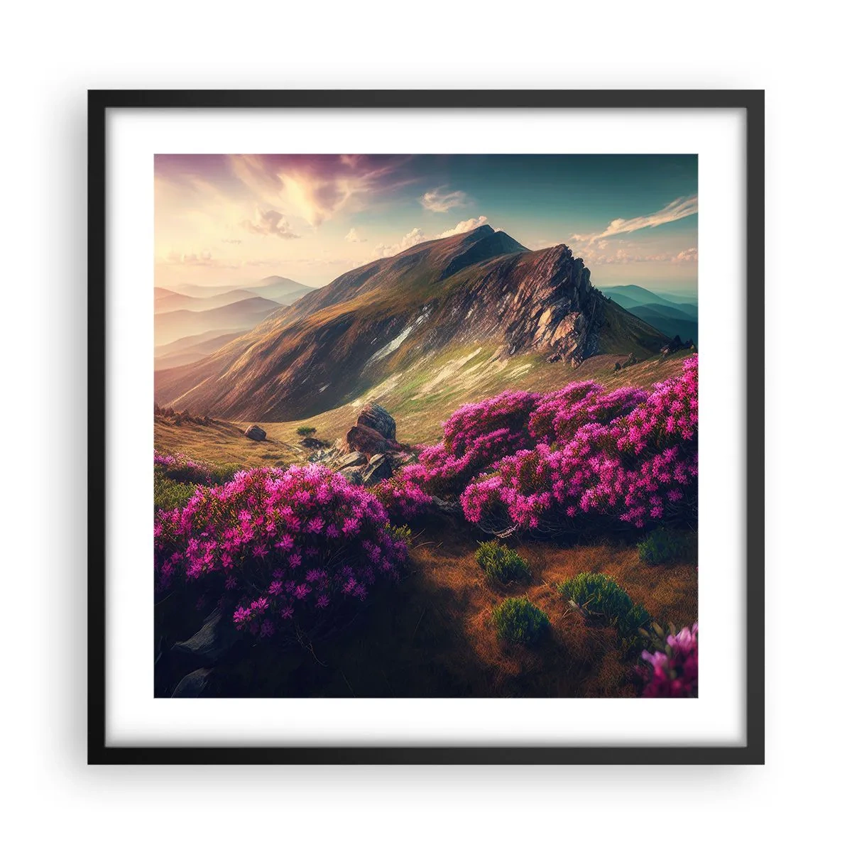 Affiche dans un cadre noir - Poster - L'été à la montagne - 50x50 cm