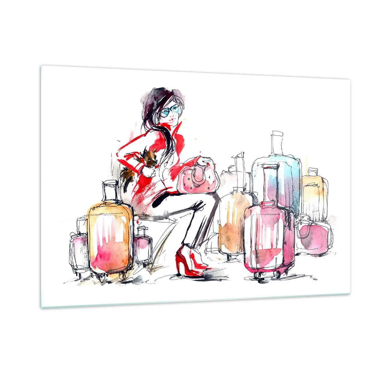 Impression sur verre - Image sur verre - Une femme en manteau rouge entourée de valises dans un style esquissé. - 120x80cm - Asseyons-nous avant le voyage - Décoration murale moderne pour le salon et la chambre ARTTOR