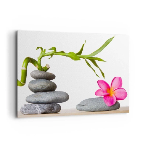Impression sur toile - Image sur toile - Bambou et fleur rose sur pierres de style zen - 120x80cm - Couleurs de la vie et de la durée - Décoration murale moderne pour le salon et la chambre ARTTOR