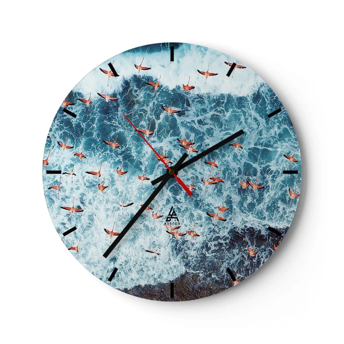 Horloge murale - Pendule murale - Une volée de flamants roses au-dessus des vagues de la mer vue à vol d'oiseau - 30x30cm - Défilé du bord de mer - Décoration murale moderne pour le salon, la cuisine et la chambre ARTTOR
