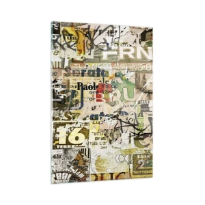 Impression sur verre - Image sur verre - Une composition artistique d'affiches, d'inscriptions et de graffitis - 50x70cm - Oh, il se passe quelque chose... - Décoration murale moderne pour le salon et la chambre ARTTOR