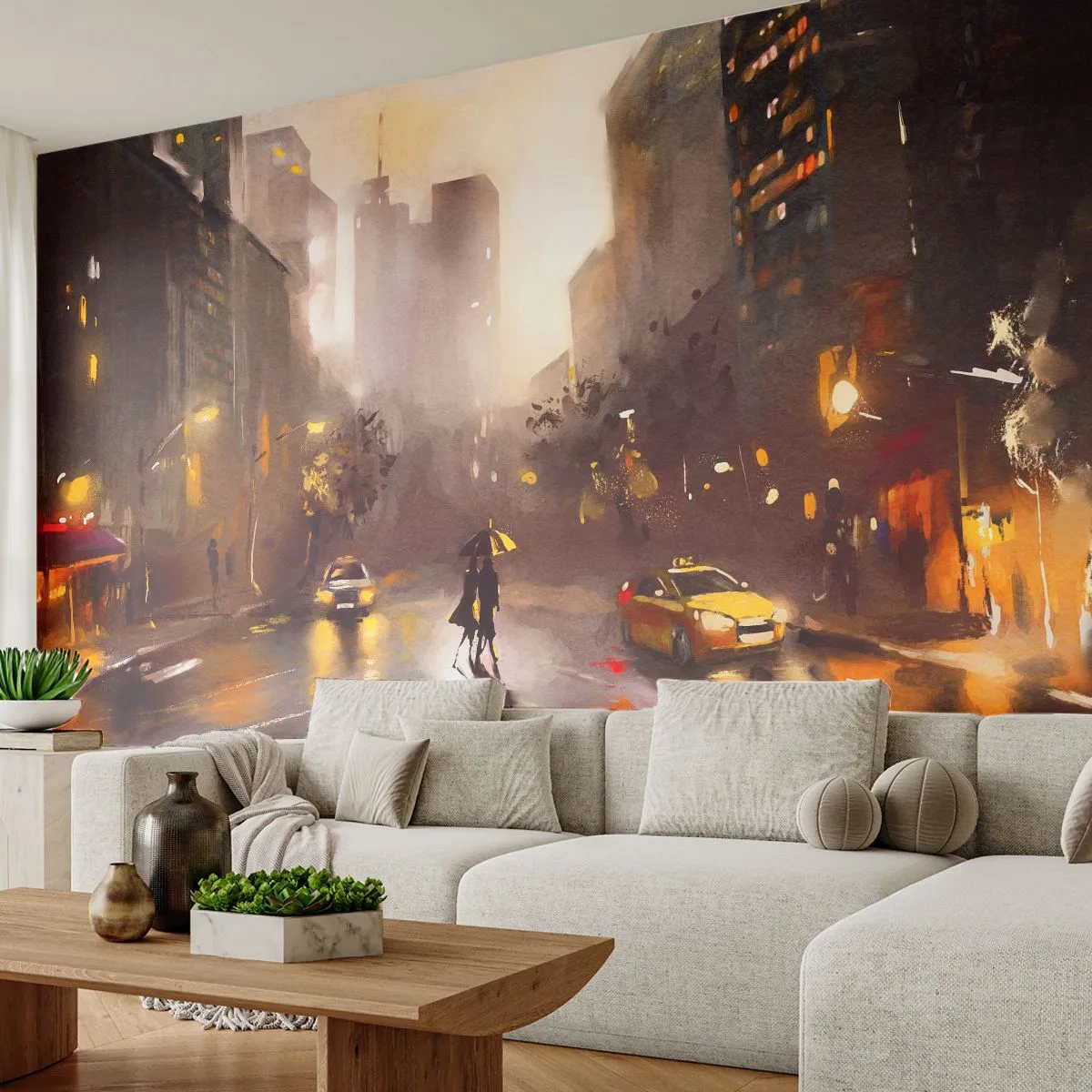 Papier Peint Photo Premium Sand - Un paysage urbain pluvieux en soirée dans un style pictural - 100x70cm - Dans les lumières de New-York - Décoration murale moderne pour le salon et la chambre ARTTOR