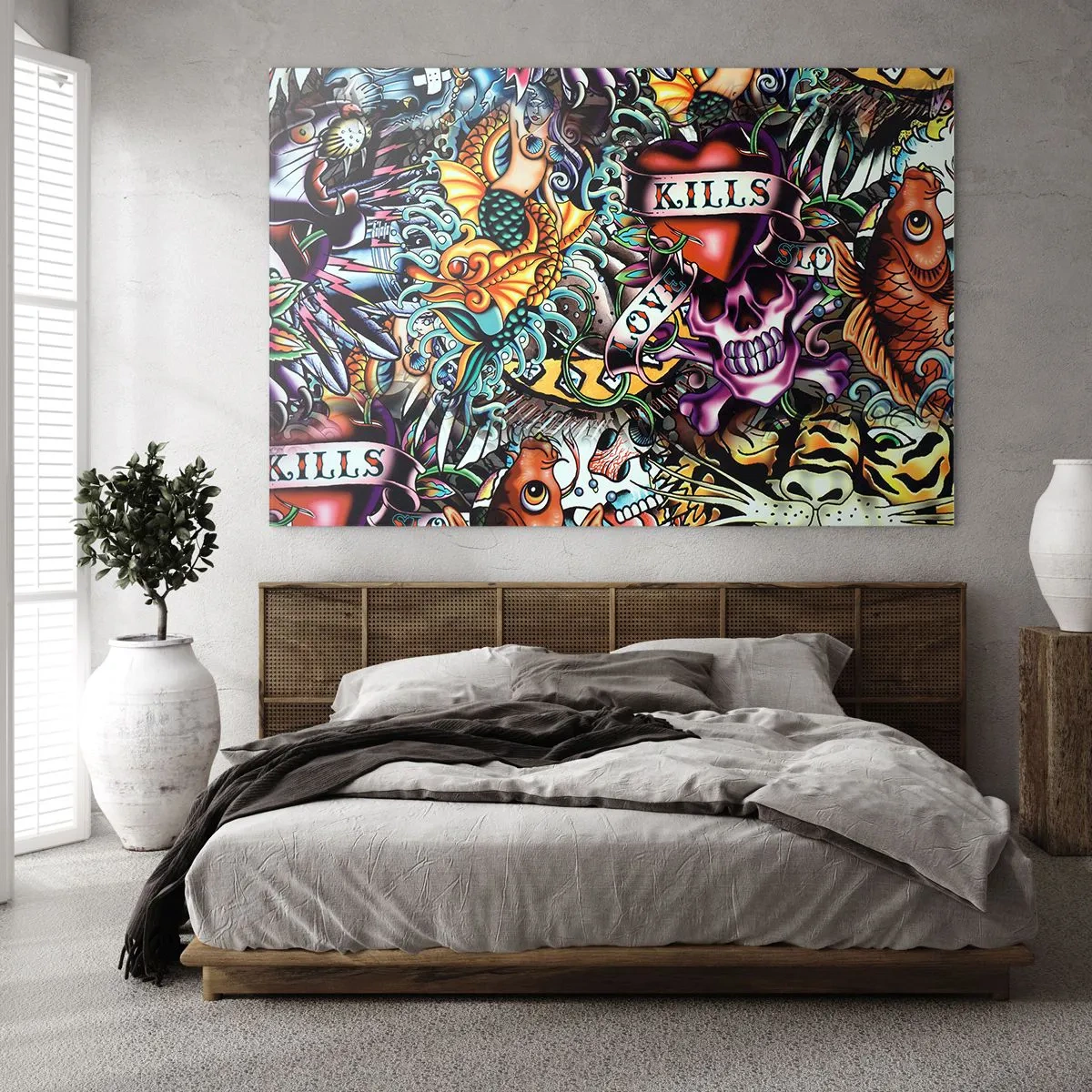 Impression sur verre - Image sur verre - Une composition colorée de motifs inspirés de l'art du tatouage - 120x80cm - Le rêve du tatoueur - Décoration murale moderne pour le salon et la chambre ARTTOR