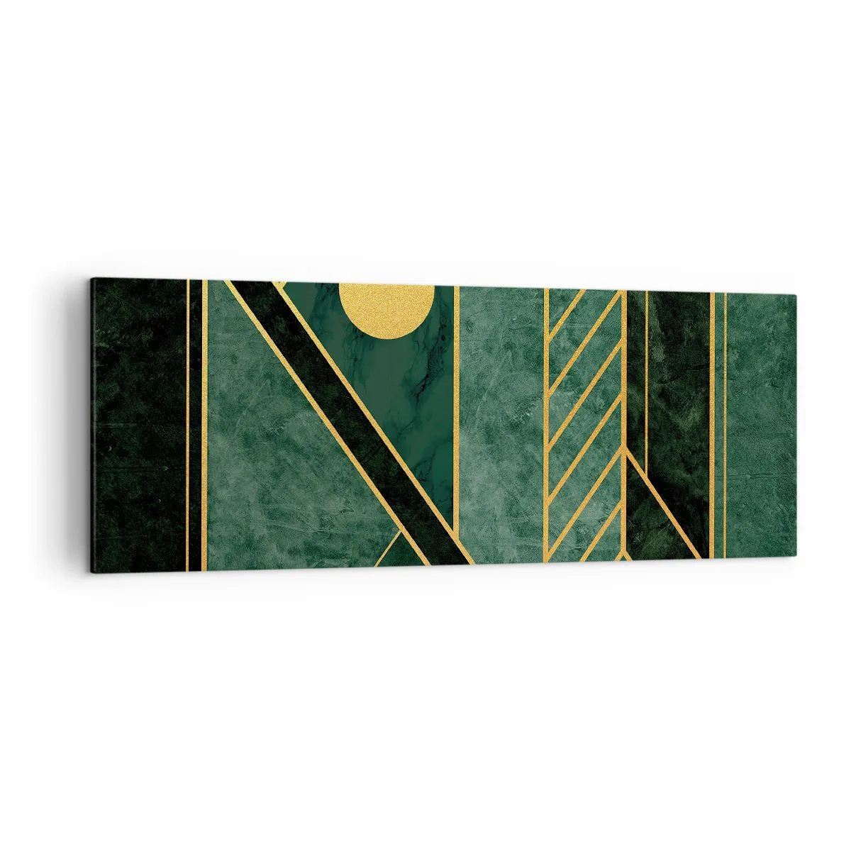 Impression sur toile - Image sur toile - Design géométrique vert et or avec un motif élégant - 140x50cm - Dynamique or et azur - Décoration murale moderne pour le salon et la chambre ARTTOR
