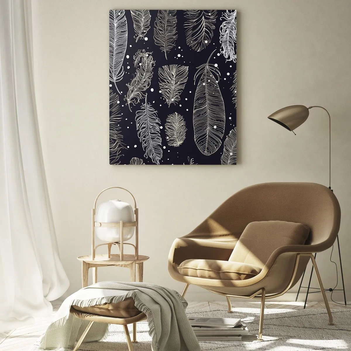 Impression sur verre - Image sur verre - Plumes blanches sur fond noir avec des détails subtils - 50x70cm - Toile de plumes - Décoration murale moderne pour le salon et la chambre ARTTOR