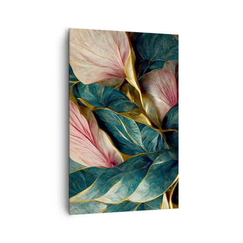 Impression sur toile - Image sur toile - Feuilles élégantes en vert, or et rose - 80x120cm - Élégance et style naturels - Décoration murale moderne pour le salon et la chambre ARTTOR