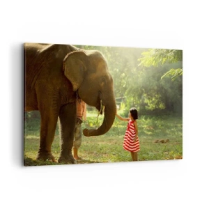 Impression sur toile - Image sur toile - Une fille en robe rouge touchant un éléphant dans la forêt. - 120x80cm - La force de l'amitié - Décoration murale moderne pour le salon et la chambre ARTTOR