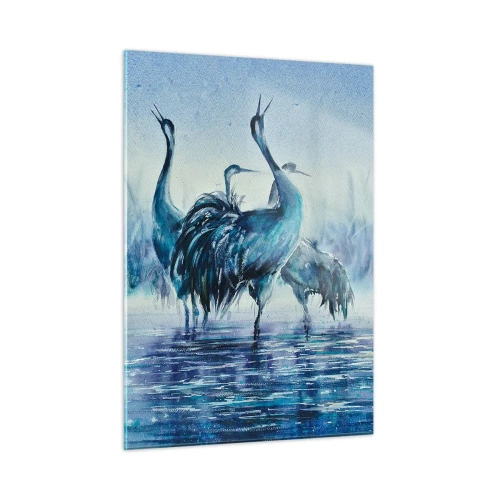 Impression sur verre - Image sur verre - Oiseaux pataugeant dans l'eau bleue - 50x70cm - Réunion matinale - Décoration murale moderne pour le salon et la chambre ARTTOR