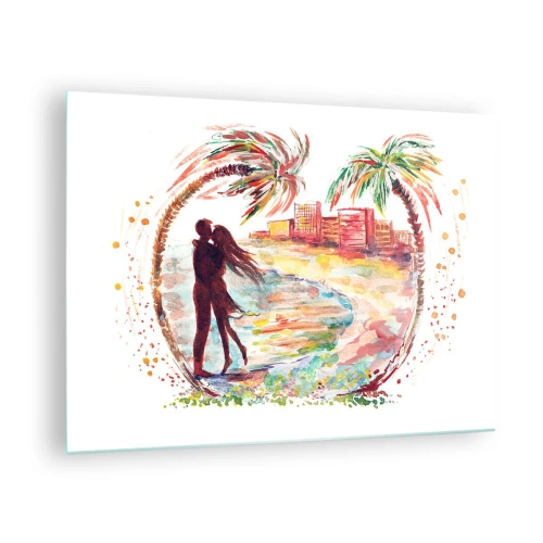 Impression sur verre - Image sur verre - Couple romantique dans un cadre tropical avec des palmiers - 70x50cm - Vacances romantiques - Décoration murale moderne pour le salon et la chambre ARTTOR