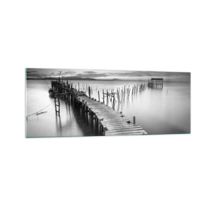 Impression sur verre - Image sur verre - Une jetée en bois sur un lac calme dans des tons de gris - 140x50cm - La paix d'un rivage oublié - Décoration murale moderne pour le salon et la chambre ARTTOR