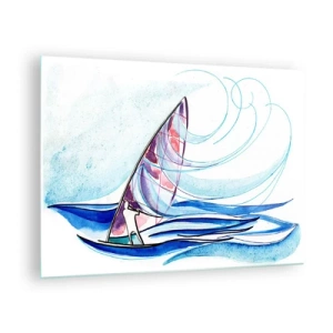 Impression sur verre - Image sur verre - Un voilier sur les vagues dans un style aquarelle - 70x50cm - Avec le vent au rythme des vagues - Décoration murale moderne pour le salon et la chambre ARTTOR