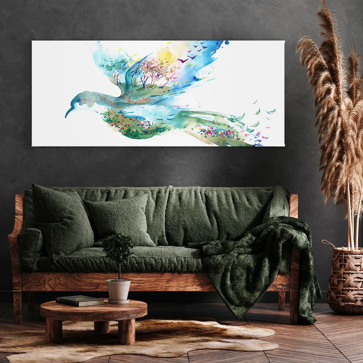 Impression sur toile - Image sur toile - Composition à l'aquarelle d'un oiseau avec des éléments de la nature - 120x50cm - Sur les ailes de la nature - Décoration murale moderne pour le salon et la chambre ARTTOR