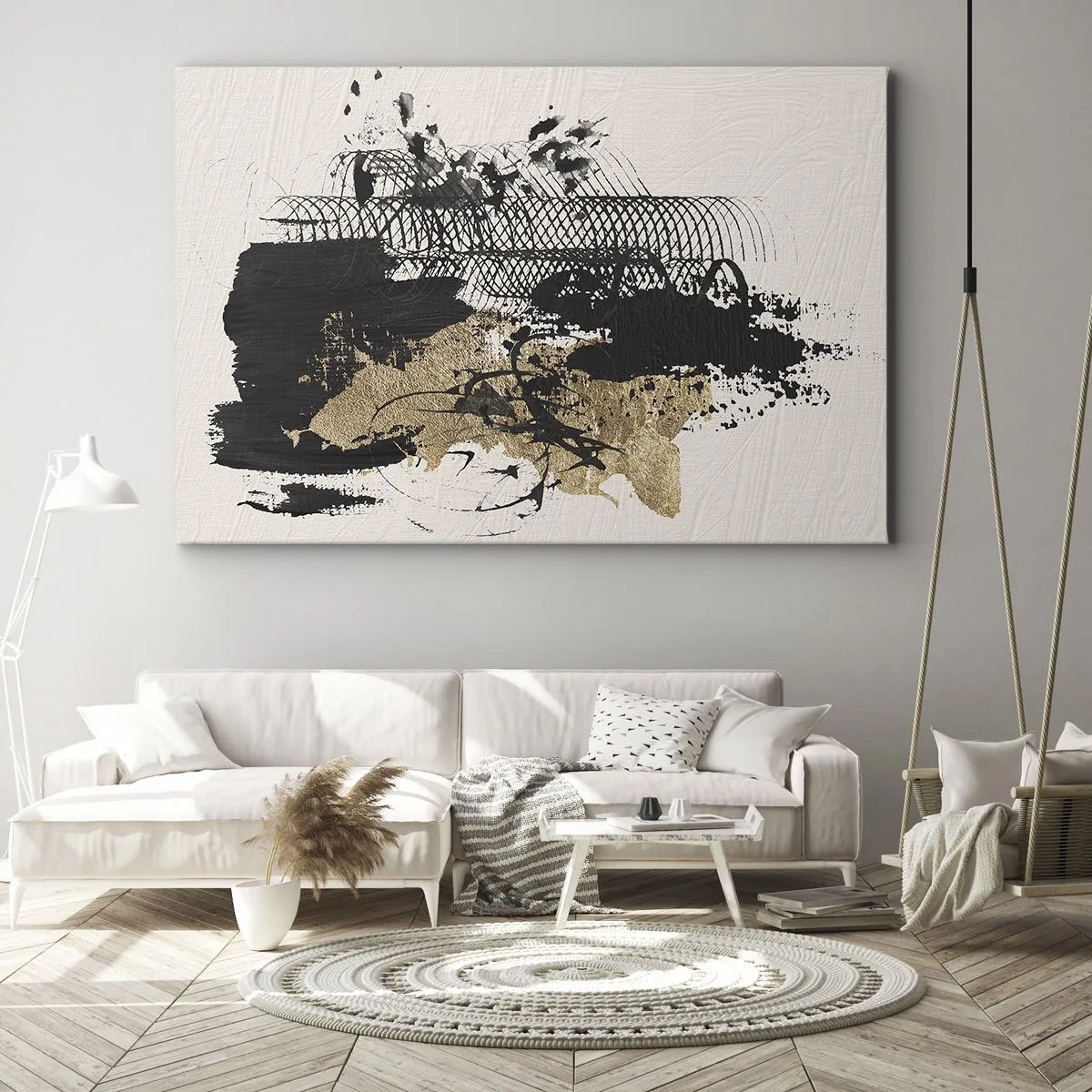 Impression sur toile - Image sur toile - Une peinture abstraite en noir et or avec des lignes et des structures dynamiques. - 70x50cm - Composer avec passion - Décoration murale moderne pour le salon et la chambre ARTTOR