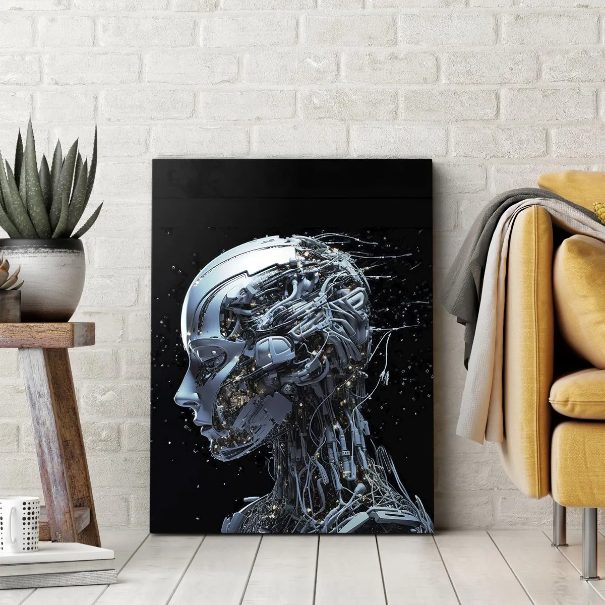Impression sur toile - Image sur toile - Portrait futuriste d'un cyborg dans un style industriel sur fond noir. - 80x120cm - La technologie est une femme - Décoration murale moderne pour le salon et la chambre ARTTOR