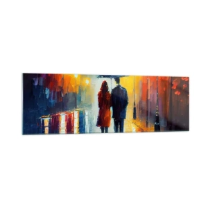Impression sur verre - Image sur verre - Un couple sous un parapluie se promenant dans une ville nocturne colorée - 160x50cm - Ensemble – une nuit colorée - Décoration murale moderne pour le salon et la chambre ARTTOR