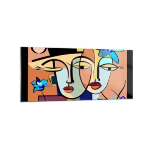 Impression sur verre - Image sur verre - Portraits cubistes aux couleurs vives avec un motif floral - 120x50cm - Le Rendez-vous de Picasso - Décoration murale moderne pour le salon et la chambre ARTTOR