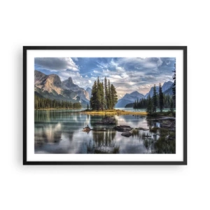 Affiche dans un cadre noir - Poster - Un paysage de montagne avec une île entourée d'un lac calme - 70x50cm - Sous les grandes eaux claires - Décoration murale moderne pour le salon et la chambre ARTTOR