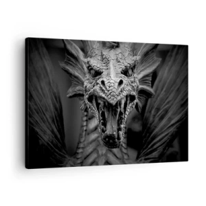 Impression sur toile - Image sur toile - Une tête de dragon menaçante en noir et blanc avec des détails expressifs. - 70x50cm - Un dragon imaginaire grisâtre - Décoration murale moderne pour le salon et la chambre ARTTOR