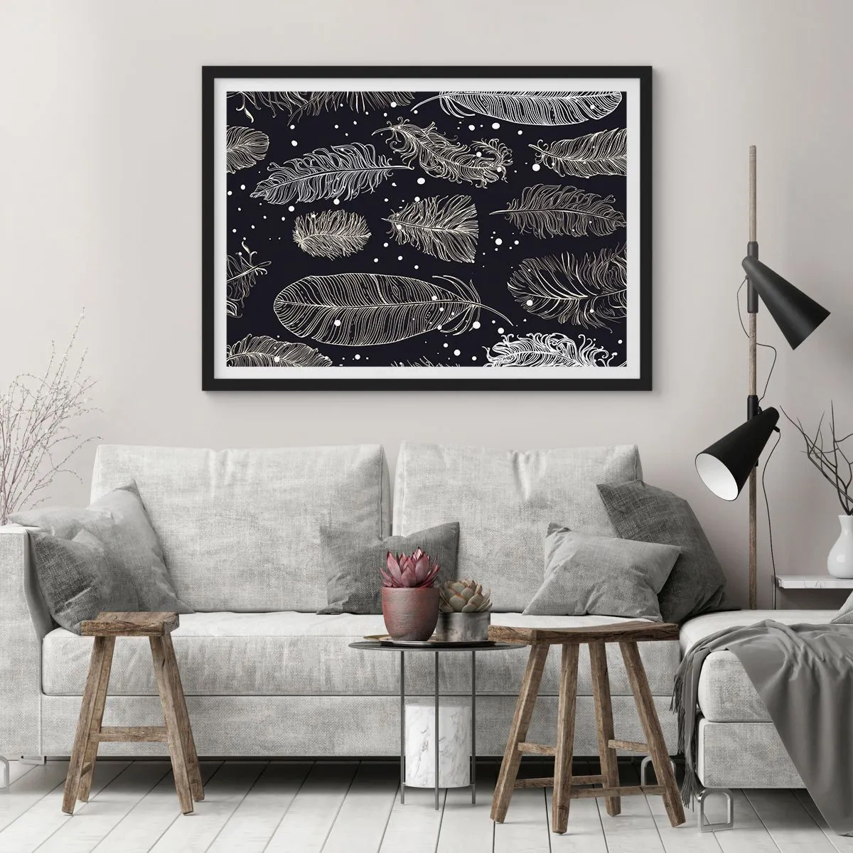 Affiche dans un cadre noir - Poster - Plumes blanches délicates sur fond bleu marine - 100x70cm - Toile de plumes - Décoration murale moderne pour le salon et la chambre ARTTOR