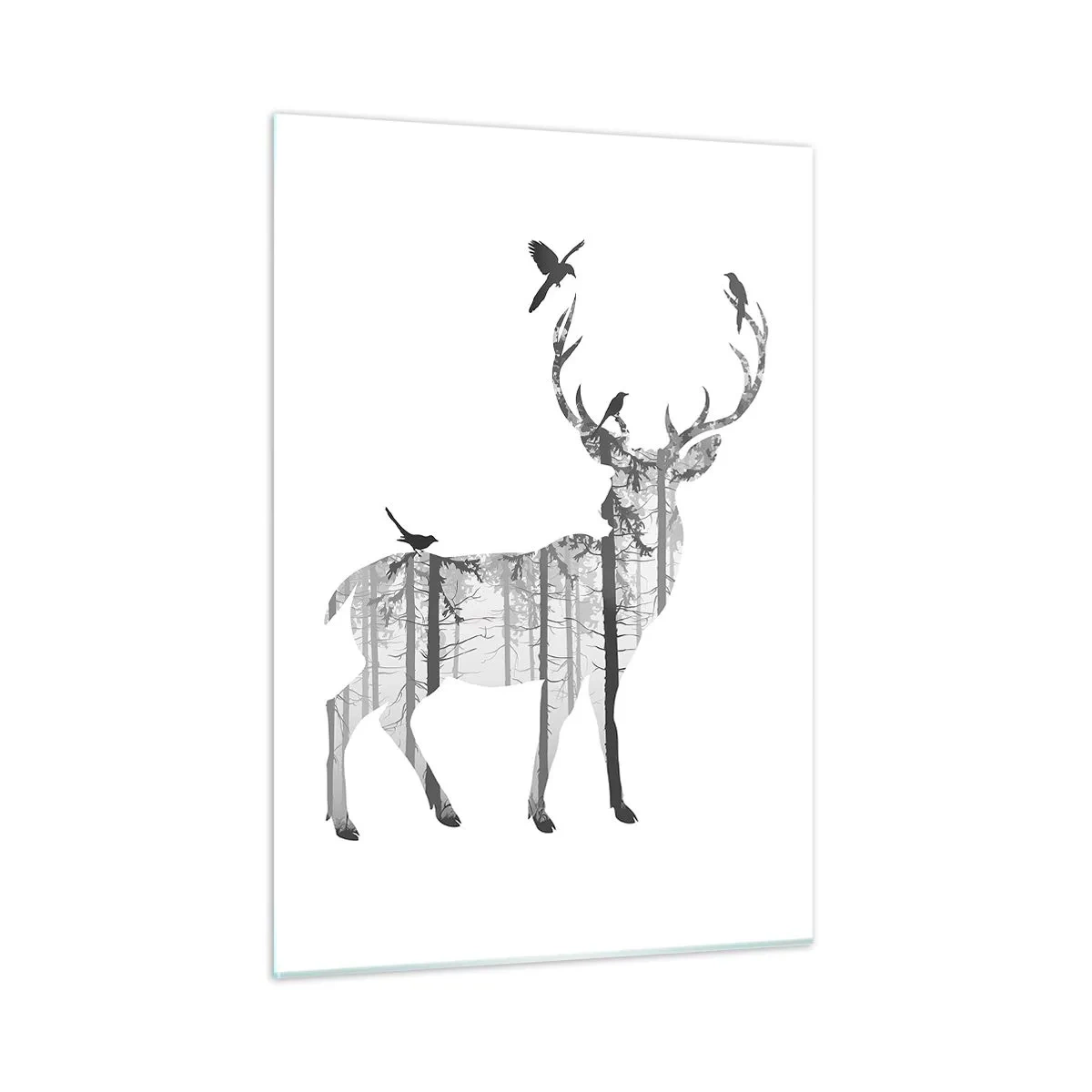Impression sur verre - Image sur verre - Silhouette graphique d'un cerf avec un motif de forêt et d'oiseaux - 50x70cm - La bonne âme de la forêt - Décoration murale moderne pour le salon et la chambre ARTTOR