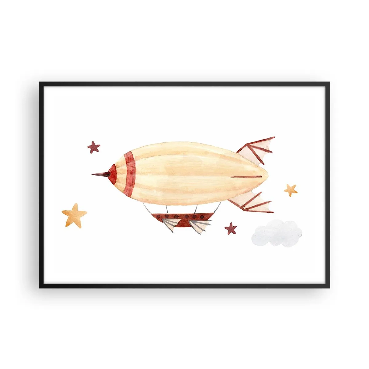 Affiche dans un cadre noir - Poster - Un dirigeable peint à la main sur fond d'étoiles - 100x70cm - Dirigeable - Décoration murale moderne pour le salon et la chambre ARTTOR