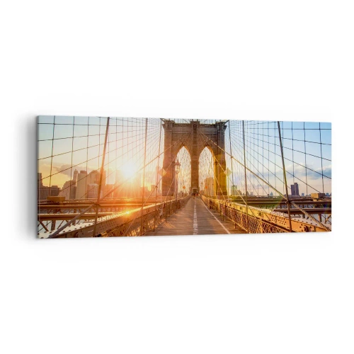 Impression sur toile - Image sur toile - Le pont à la lumière du soleil couchant avec vue sur la ville - 140x50cm - Sur le pont d'or - Décoration murale moderne pour le salon et la chambre ARTTOR