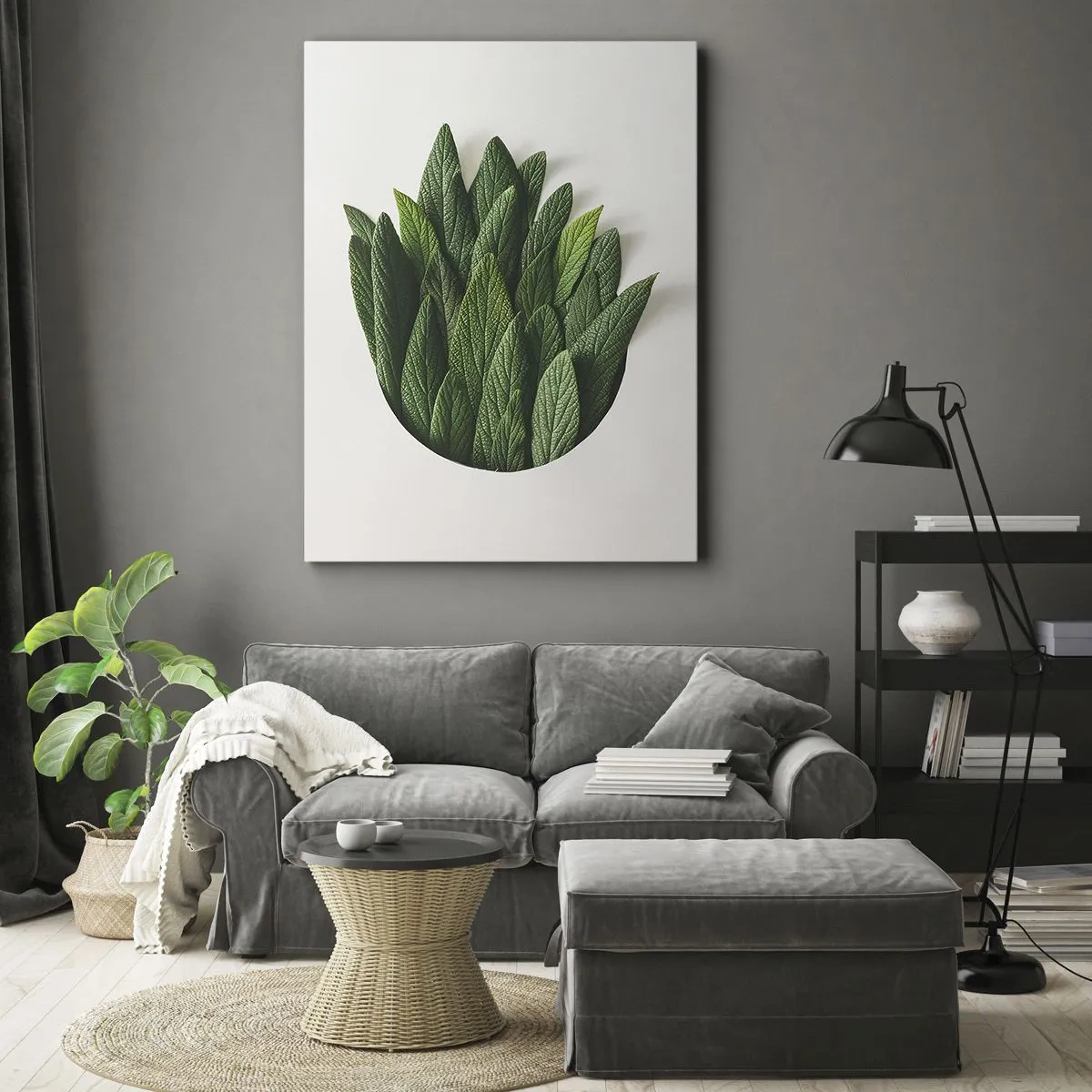 Impression sur toile - Image sur toile - Une composition de feuilles vertes sur un fond clair - 50x70cm - Curiosité sans retenue - Décoration murale moderne pour le salon et la chambre ARTTOR