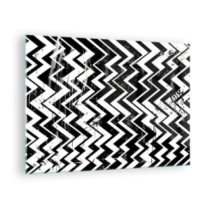 Impression sur verre - Image sur verre - Un motif en zigzag noir et blanc avec une composition et une texture dynamiques. - 70x50cm - Zig-blanc, zag-noir - Décoration murale moderne pour le salon et la chambre ARTTOR