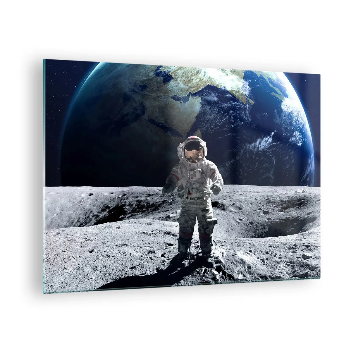 Impression sur verre - Image sur verre - Astronaute à la surface de la Lune avec la Terre en arrière-plan - 70x50cm - Salutations de la lune - Décoration murale moderne pour le salon et la chambre ARTTOR