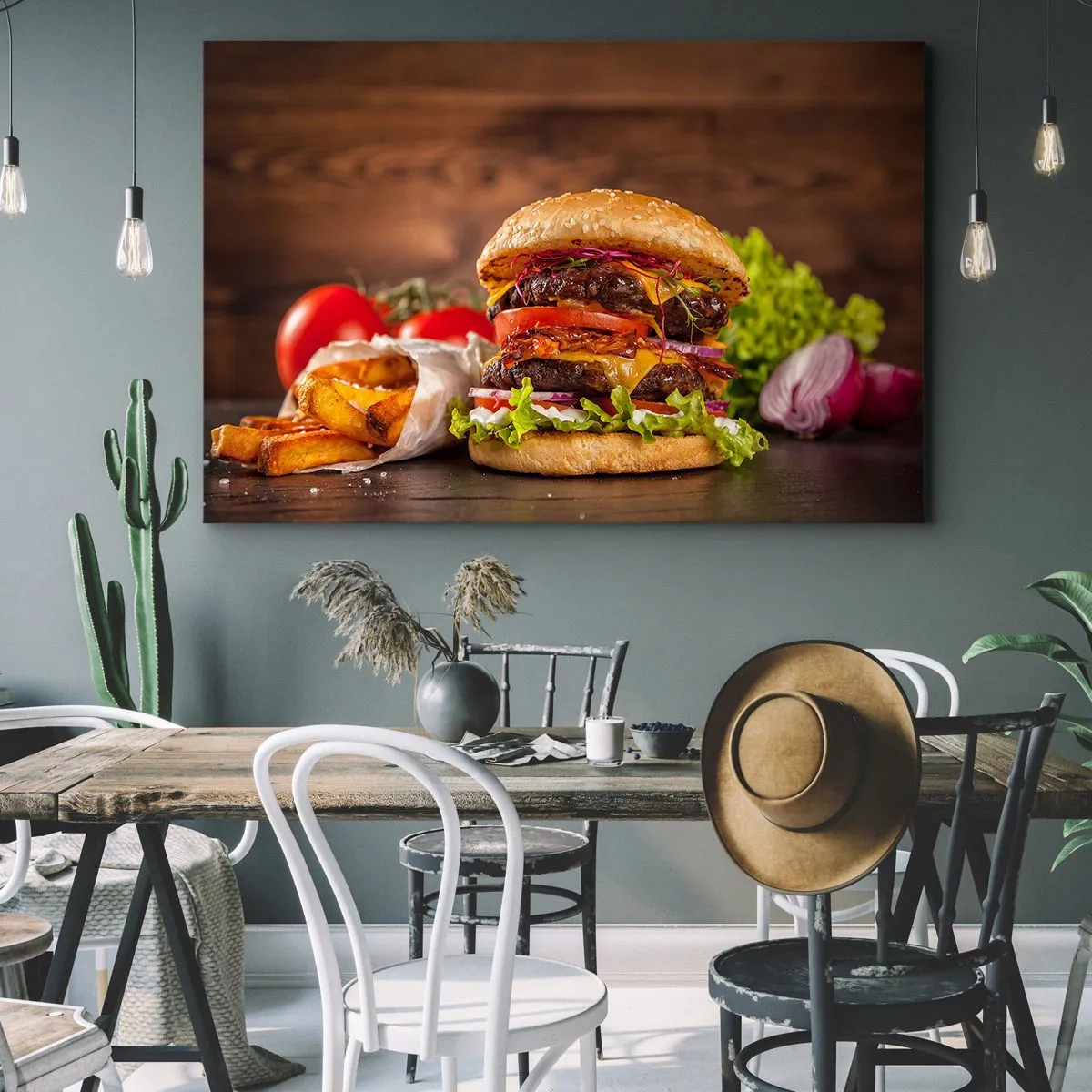 Impression sur toile - Image sur toile - Burger appétissant avec extras - 100x70cm - Le fruit défendu - Décoration murale moderne pour le salon et la chambre ARTTOR