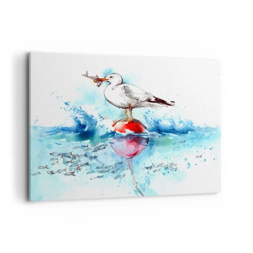 Impression sur toile - Image sur toile - Mouette sur une bouée avec des poissons en arrière-plan dans un style aquarelle - 120x80cm - Prise réussie - Décoration murale moderne pour le salon et la chambre ARTTOR