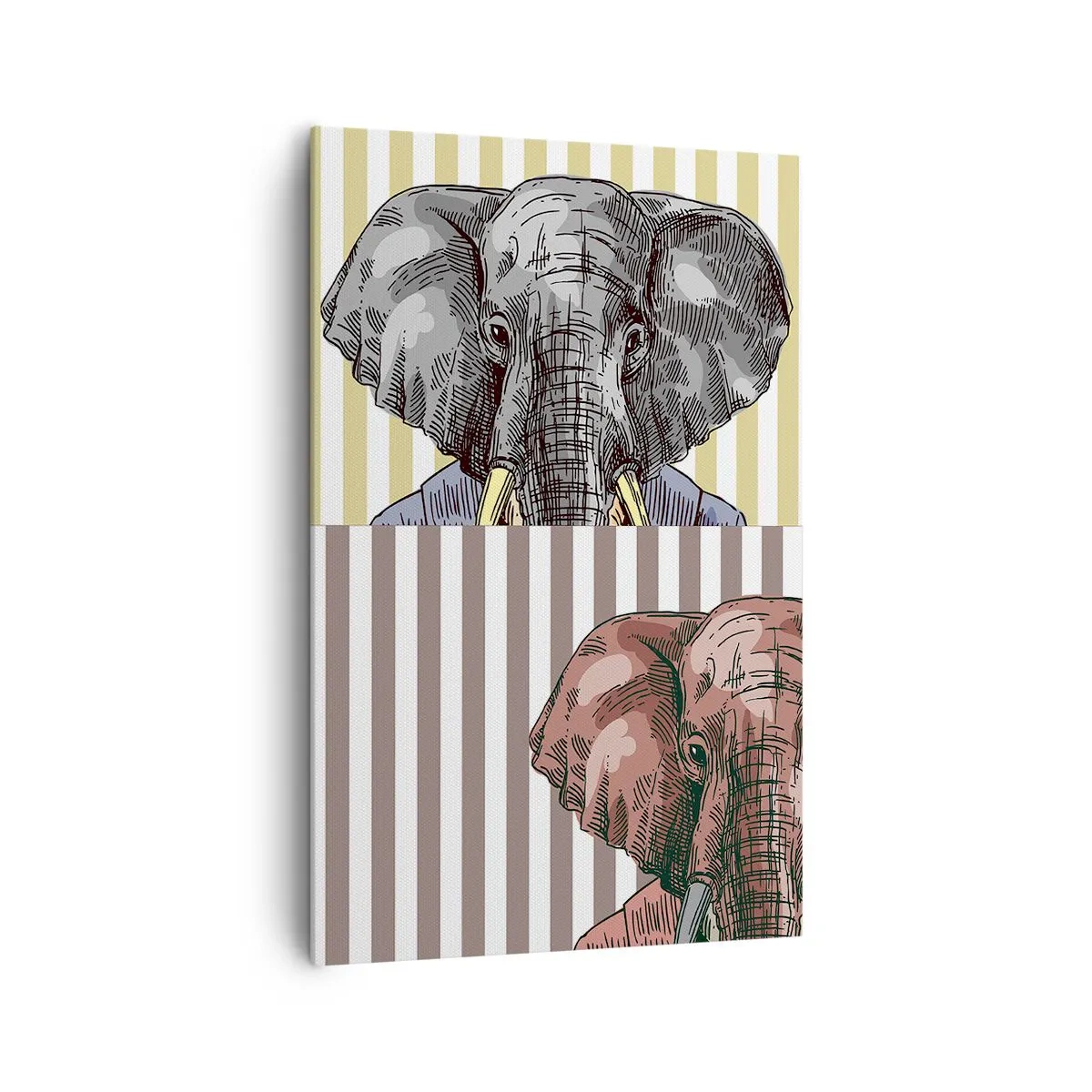 Impression sur toile - Image sur toile - Un éléphant en costume sur fond de rayures beiges - 80x120cm - Élégant par nature - Décoration murale moderne pour le salon et la chambre ARTTOR