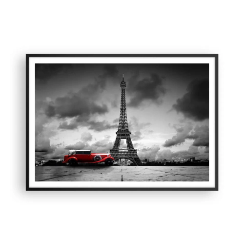 Affiche dans un cadre noir - Poster - Voiture rétro rouge devant la Tour Eiffel en noir et blanc - 100x70cm - Il n'y a pas si longtemps à Paris - Décoration murale moderne pour le salon et la chambre ARTTOR