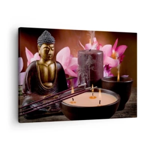 Impression sur toile - Image sur toile - Figurine de Bouddha avec bougies allumées et bâtons d'encens - 70x50cm - Vider l'esprit, calmer le corps - Décoration murale moderne pour le salon et la chambre ARTTOR