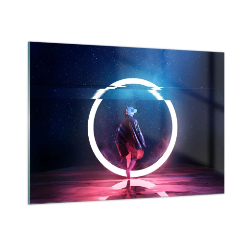 Impression sur verre - Image sur verre - Une figurine dans un décor futuriste avec un anneau néon - 100x70cm - Entre deux mondes - Décoration murale moderne pour le salon et la chambre ARTTOR