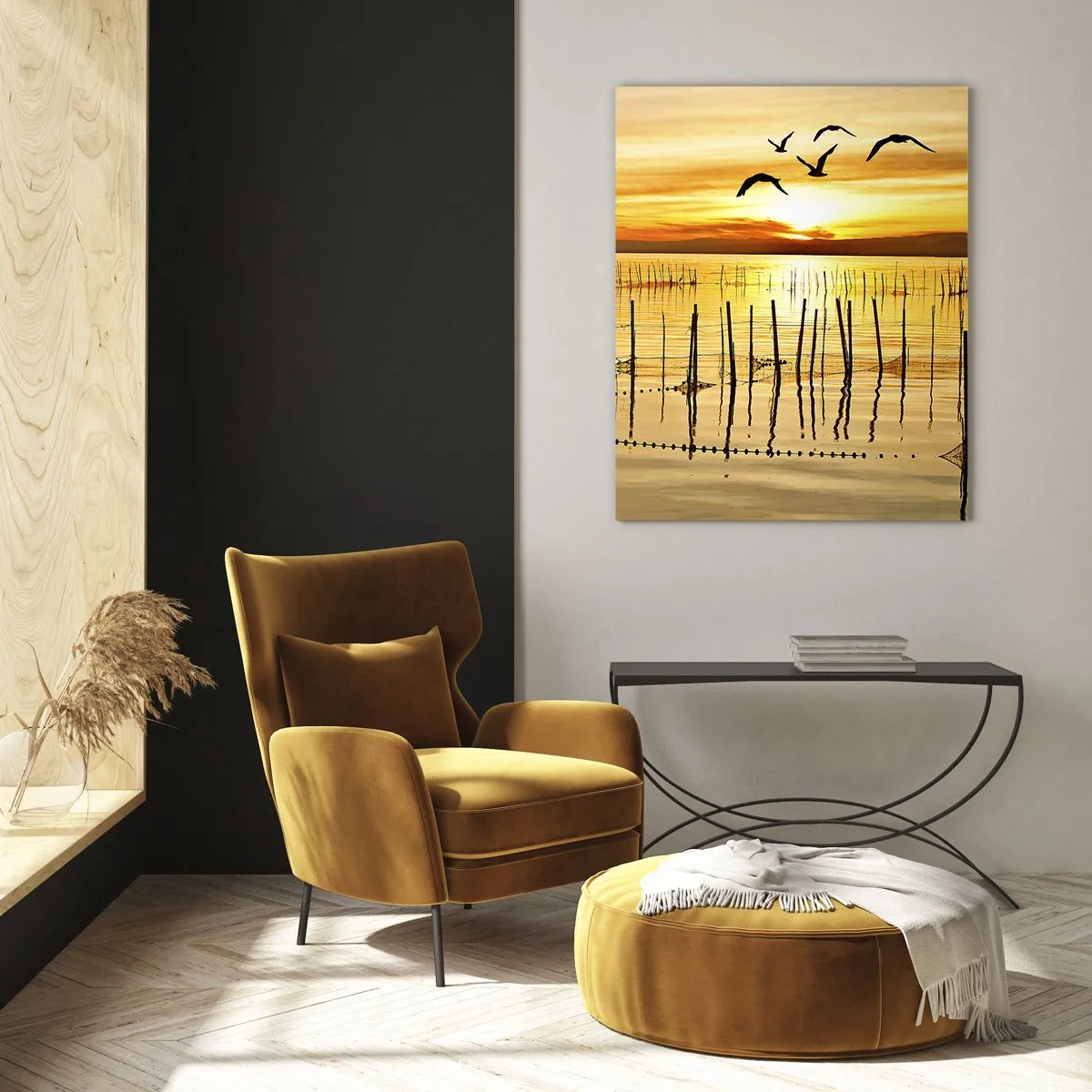 Impression sur verre - Image sur verre - Coucher de soleil sur l'eau avec des oiseaux en vol - 80x120cm - À la pêche - Décoration murale moderne pour le salon et la chambre ARTTOR