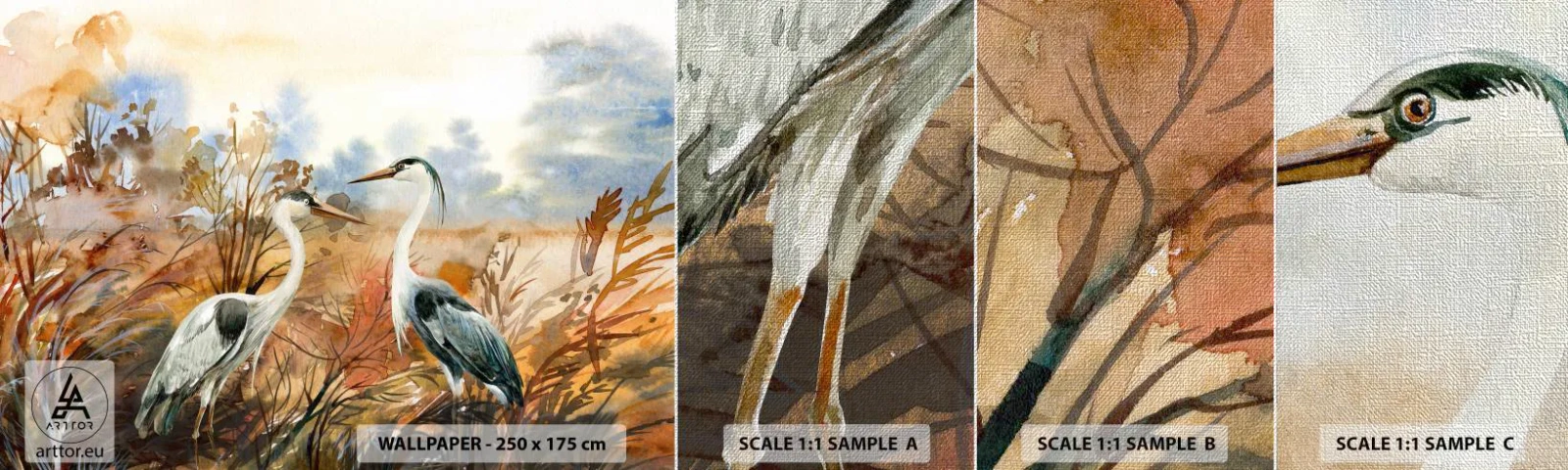 Échantillon de Papier Peint Premium Canvas - Jusqu'où en automne ? - Grue, Des oiseaux, Nature - 100x30 cm