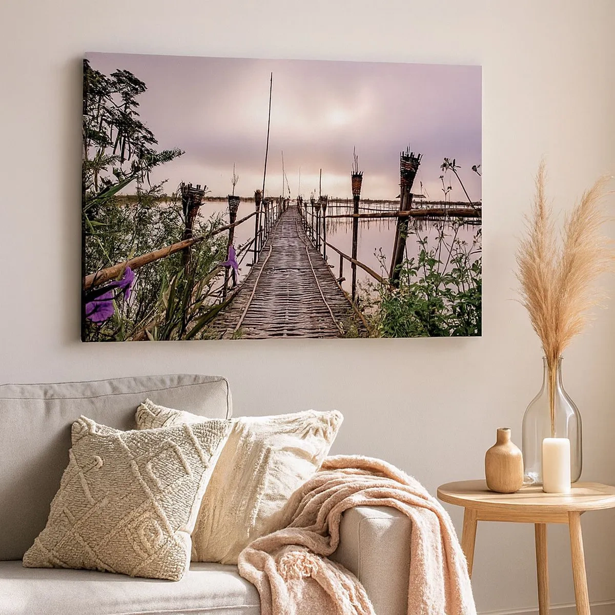 Impression sur toile - Image sur toile - Pont de bambou sur l'eau à l'aube - 70x50cm - Le silence et le calme d'Asie - Décoration murale moderne pour le salon et la chambre ARTTOR