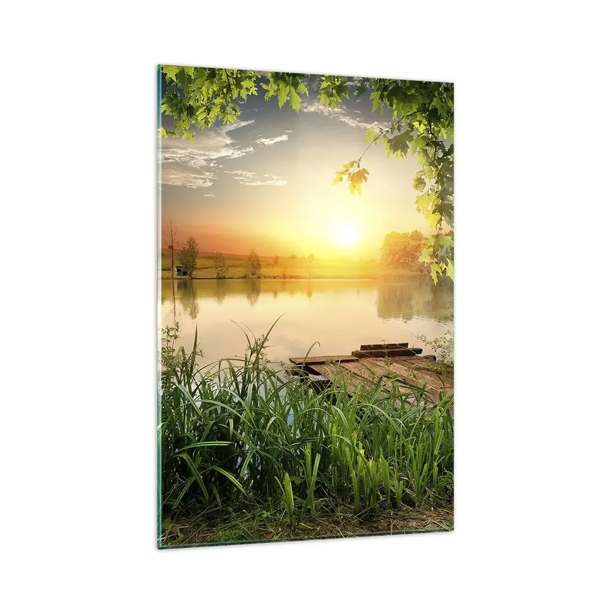 Impression sur verre - Image sur verre - Paysage verdoyant avec un lac au coucher du soleil - 80x120cm - Paysage dans un cadre verdoyant - Décoration murale moderne pour le salon et la chambre ARTTOR