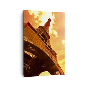 Impression sur toile - Image sur toile - La Tour Eiffel contre un ciel doré au coucher du soleil - 70x100cm - Monumental, car il est doré par le soleil - Décoration murale moderne pour le salon et la chambre ARTTOR