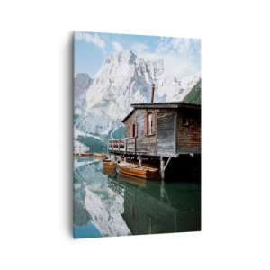 Impression sur toile - Image sur toile - Un chalet en bois au bord d'un lac de montagne tranquille - 70x100cm - Un matin cristallin en montagne - Décoration murale moderne pour le salon et la chambre ARTTOR
