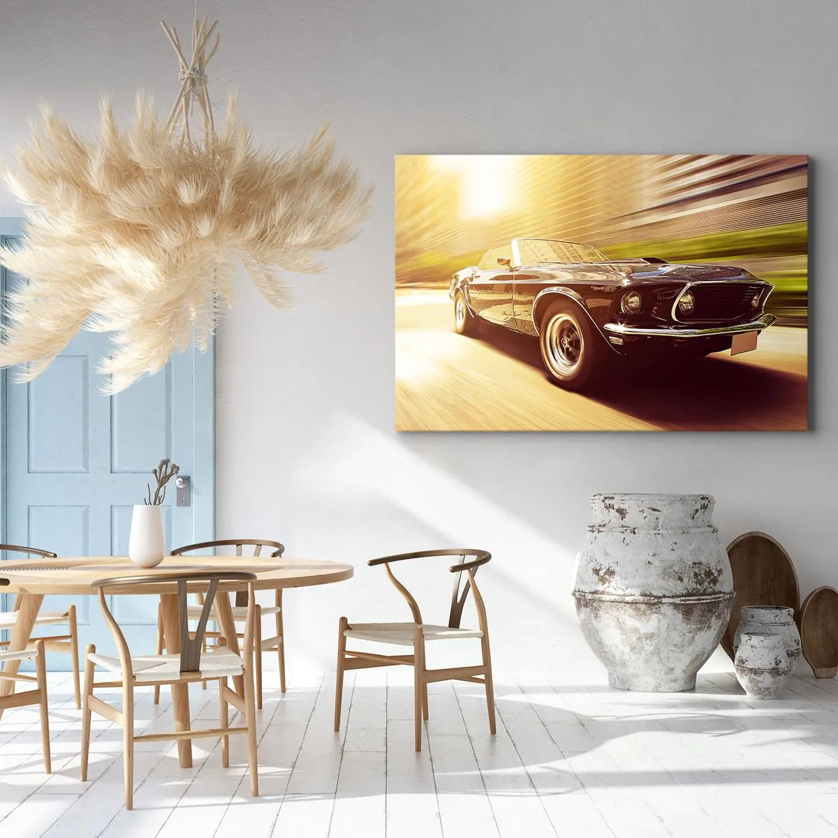 Impression sur toile - Image sur toile - Une voiture classique en mouvement dans un décor urbain - 120x80cm - 1967 - le retour de la légende - Décoration murale moderne pour le salon et la chambre ARTTOR