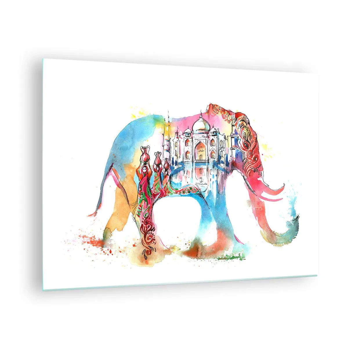Impression sur verre - Image sur verre - Aquarelle colorée d'un éléphant avec un motif indien - 70x50cm - Inde - l'aura de l'amour - Décoration murale moderne pour le salon et la chambre ARTTOR