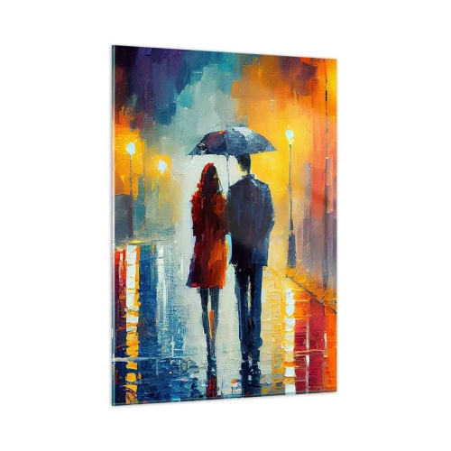 Impression sur verre - Image sur verre - Un couple sous un parapluie dans une rue nocturne colorée sous la pluie. - 50x70cm - Ensemble – une nuit colorée - Décoration murale moderne pour le salon et la chambre ARTTOR