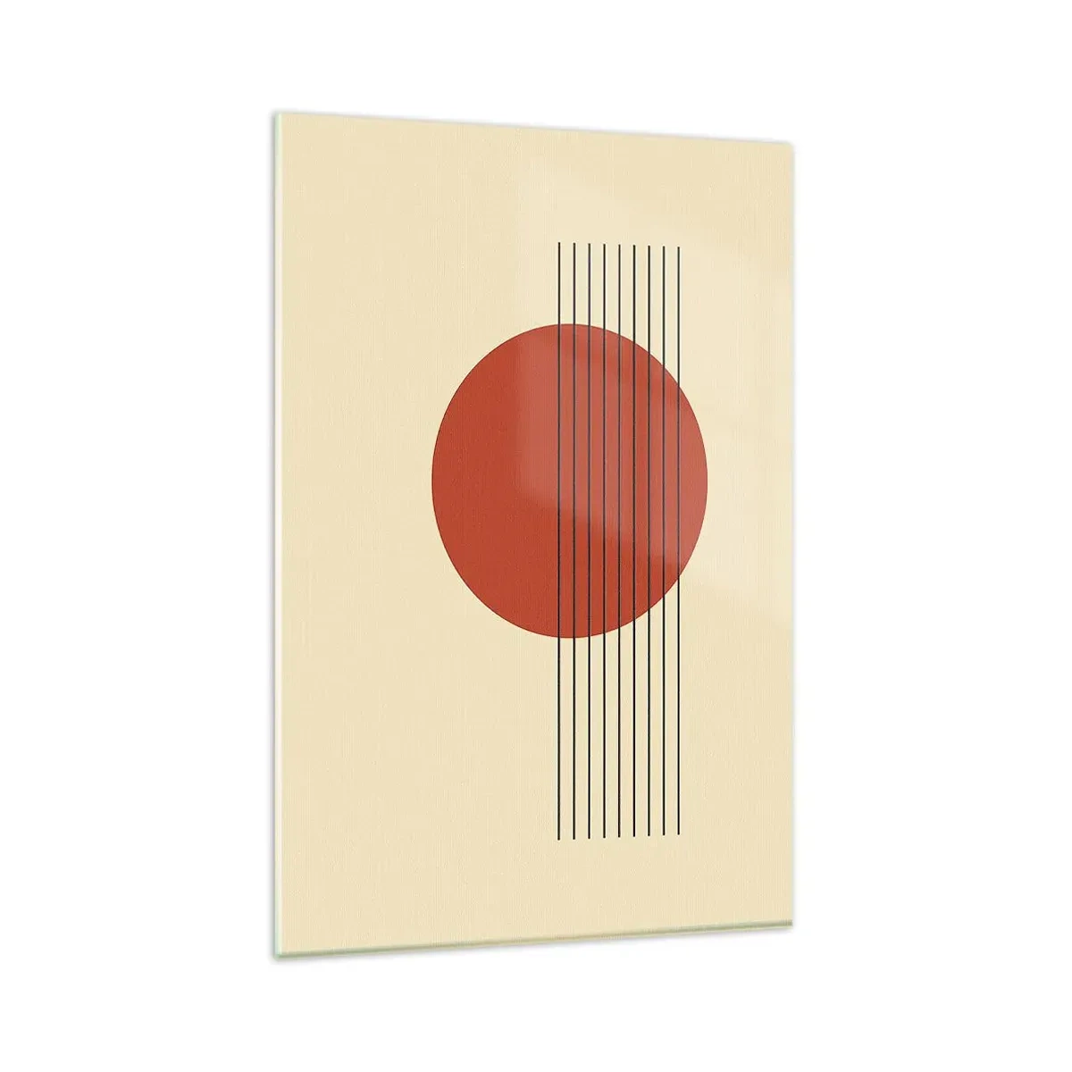 Impression sur verre - Image sur verre - Cercle rouge abstrait avec des lignes sur fond beige. - 80x120cm - Aux alentours et plus loin - Décoration murale moderne pour le salon et la chambre ARTTOR