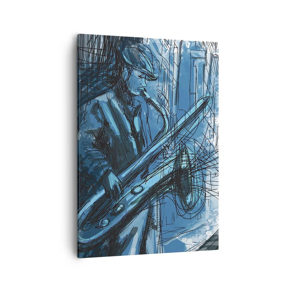 Impression sur toile - Image sur toile - Une silhouette jouant du saxophone sur fond de ville - 50x70cm - Rhapsodie urbaine - Décoration murale moderne pour le salon et la chambre ARTTOR